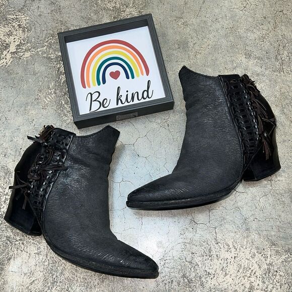 A.S 98 charcoal and black textured ankle boots with side fringe western style - Picture 1 of 8